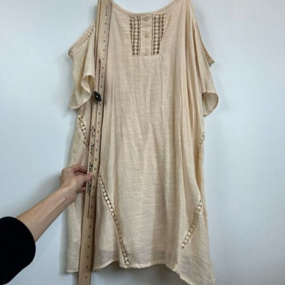Guess Women's Small Beige Tunic Peasant Midi Dress Flutter Sleeves Cold Shoulder - Picture 10 of 12